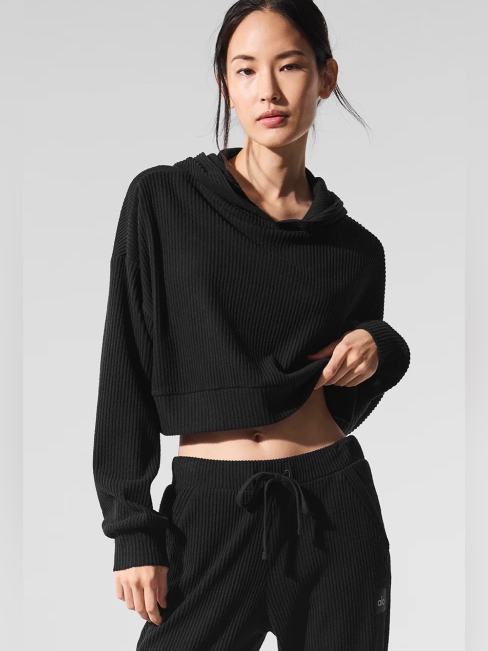 Alo Yoga Black Muse Cropped Ribbed Knit Hoodie Top - Size XS